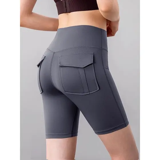 Shorts de Fitness feminino bolso magro cintura alta hip levantamento cinco pontos pêssego hip estiramento Anti-reflexo s