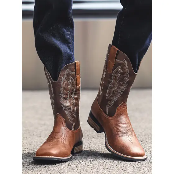 Botas de Cowboy ocidentais americanas, botas masculinas de cano alto, bico quadrado, botas de cavaleiro, de equita