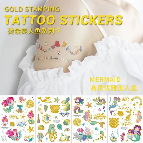 Adesivos de tatuagem de sereia em relevo dourado de alta qualidade, adesivos de tatuagem infantis em relevo dourado com