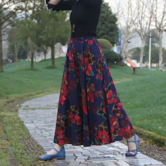 Primavera outono novo estilo roupas femininas estilo étnico impresso algodão linho saia cintura elástica com bolsos mais