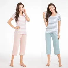 Algodão com almofada no peito pijamas conjunto verão manga curta calças cortadas terno de duas peças solto pode usar for
