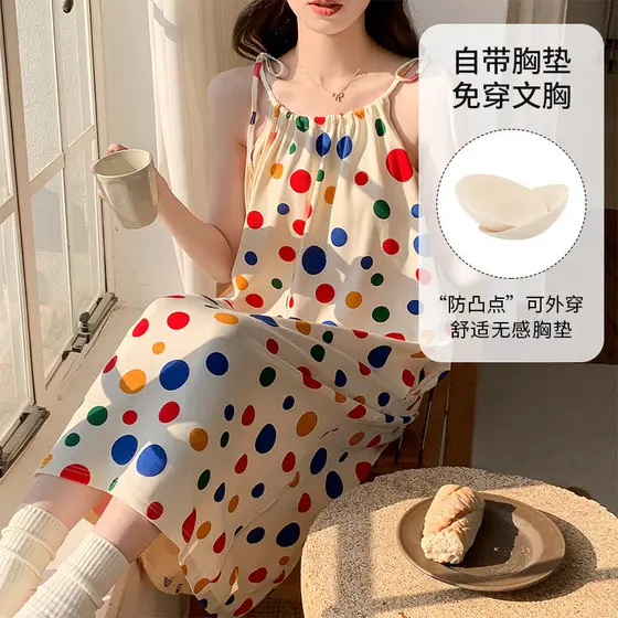 Versão coreana ins Polka Dot Nightdress feminino doce confortável Casual solto estilingue saia com almofada no peito ver