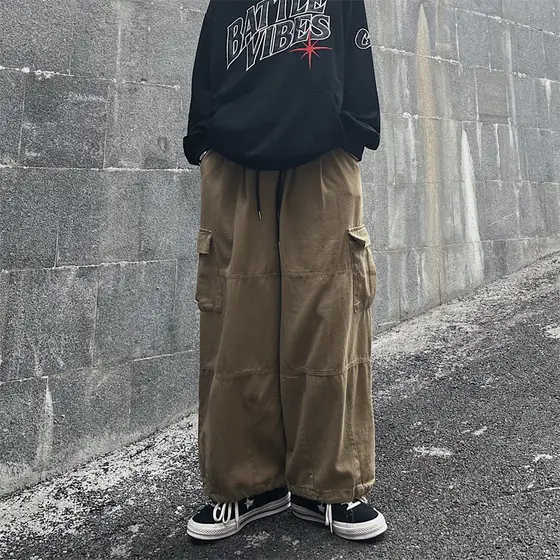 Primavera outono macacão masculino japonês ins Street Wear em linha reta solta perna larga calças casuais com cordão Leg