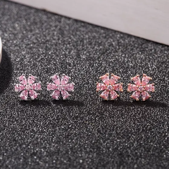 Versão coreana S925 brincos de prata esterlina menina pétalas rosa diamantes bonito brincalhão elegante simples brincos