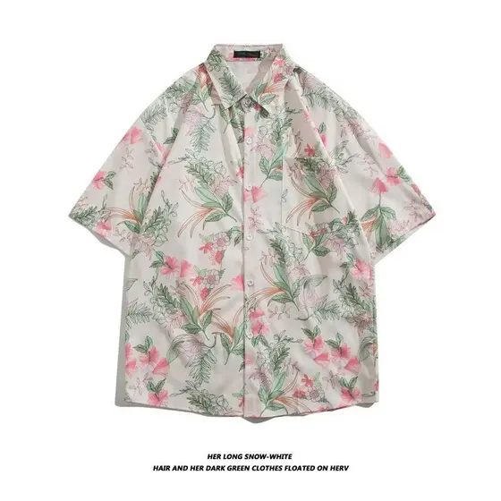 Retro americano estilo japonês gola cubana camisa Floral masculina de manga curta verão estilo Hong Kong Puffer bonito c