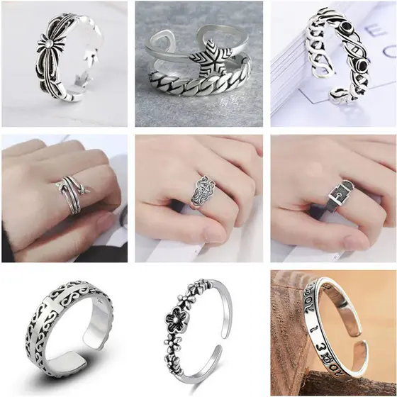kit anel anel de namoro ML Retro Thai prata meninas anel aberto cauda anel cruz estrela de cinco pontas seis caracteres