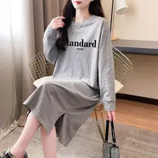 Puro algodão de manga comprida sobre o joelho vestido feminino outono versão coreana solto tamanho grande mulheres grávi