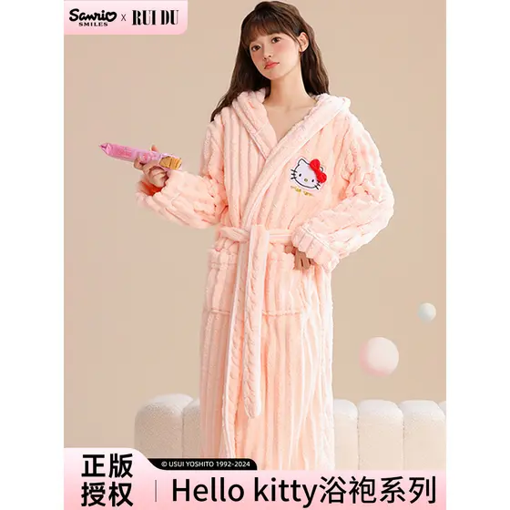 Hellokitty roupão feminino outono inverno novo estilo forro de lã engrossado absorvente de secagem rápida saia de banho