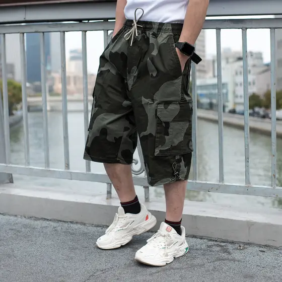 Moda masculina gorda Plus Size verão Shorts Velcro bolso calças cortadas camuflagem macacão cara gordo calças casuais