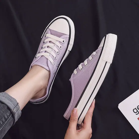 Roxo meio deslizamento sapatos de lona feminino ulzzang All-Match sem salto preguiçoso pessoas deslizamento no outono Br