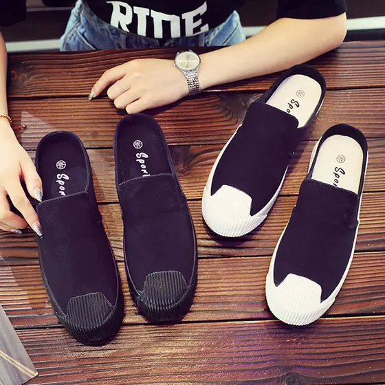 Primavera sandálias masculinas preto versão coreana na moda lona meia chinelos sapatos sem salto Baotou um passo preguiç
