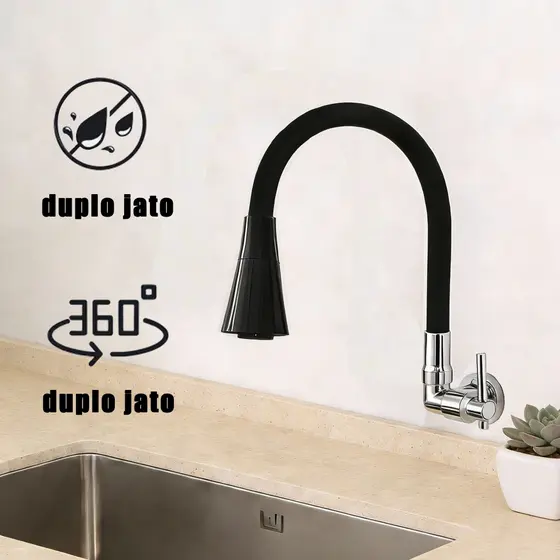 Torneira Parede Cozinha Gourmet Preta Flexível 2 Jatos 1/4 de Volta Para Mesa Pia Bancada e Mármore