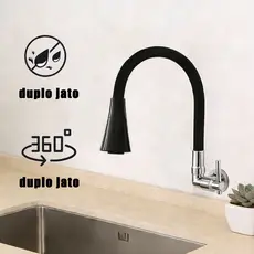 Torneira Parede Cozinha Gourmet Preta Flexível 2 Jatos 1/4 de Volta Para Mesa Pia Bancada e Mármore