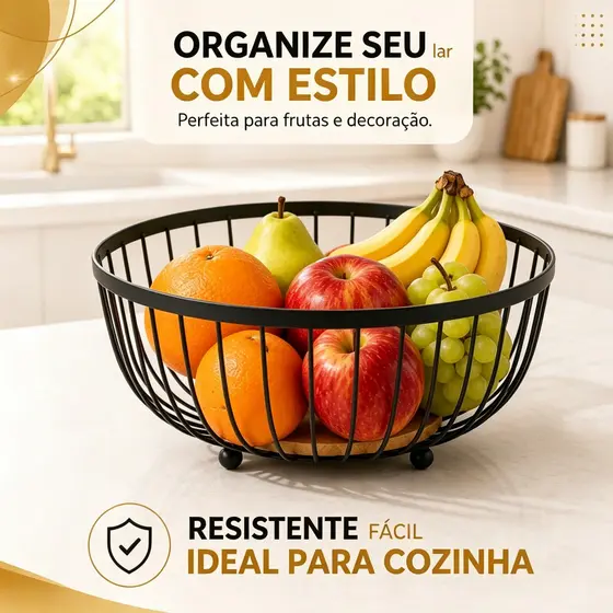 Cesta Organizadora Multiuso de Mesa Ferro Rústico e Bambu Para Frutas e Café da Manhã Metal Preto