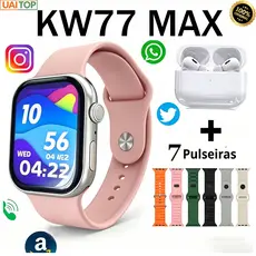 Smartwatch KW77 Max + Fone Notificações WhatsApp e 7 Pulseira Papel de parede personalizado para presente de aniversário