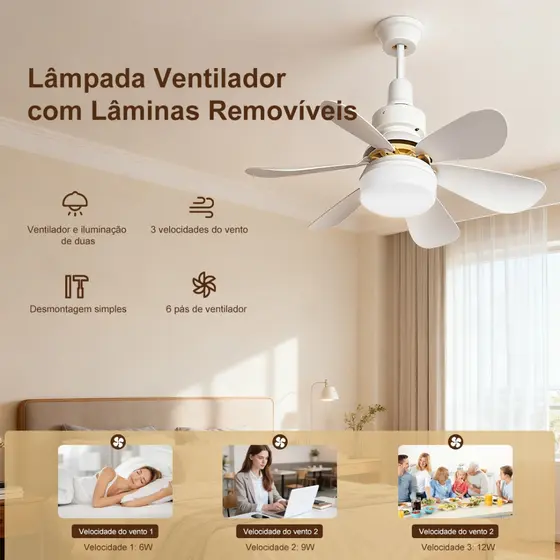 Ventilador Lâmpada De Teto LED Silencioso, Moderno e com Controle Remoto,6 Hélices, Bivolt,Prática Instalação E27