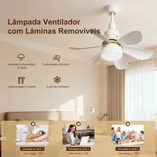 Ventilador Lâmpada De Teto LED Silencioso, Moderno e com Controle Remoto,6 Hélices, Bivolt,Prática Instalação E27