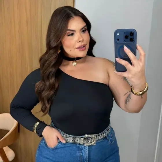Body Feminino Plus Size Nula Manga Um Ombro Só Mula Manca Manga Longa Suplex Premium Têndencia Moda