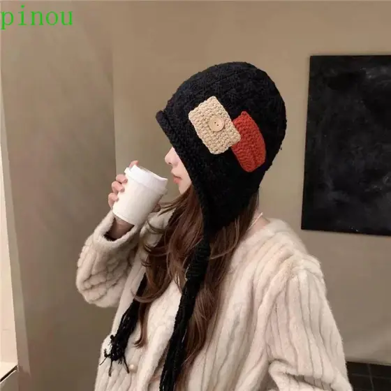Chapéu De Malha De Crochê PINOU , Gorros Quente Com Borlas Longas , Proteção De Ouvido Retrô Vintage De Lã Doce Para Men