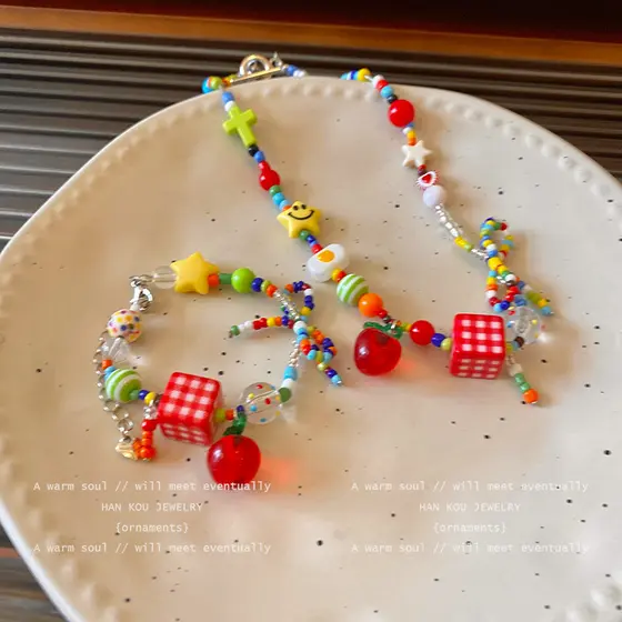 pulseira feminina pulseira {Apple Paradise} Dopamina Color Berry Bow Colar Pulseira 2024 Novo Estilo Luz Luxo Nicho Puls