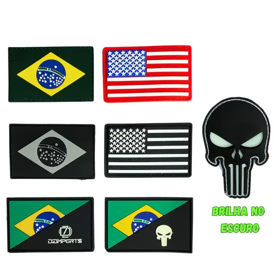 Patch Emborrachado 3D Velcro Bandeira Brasil USA Caveira Militar Tático Mochila