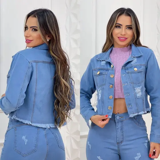 Jaqueta Jeans Feminina Botão Metálico Lavagem Clara