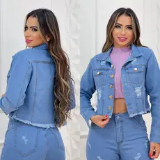 Jaqueta Jeans Feminina Botão Metálico Lavagem Clara