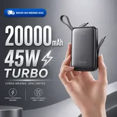 Carregador Portátil 20000mAh Turbo 45W Power Bank Digital com 2 Cabos Tipo-C Saída Dupla para iPhone