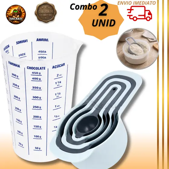 Combo Colher Medidora e Copo Medidor Graduado Cozinha Confeitaria Receitas Multiuso