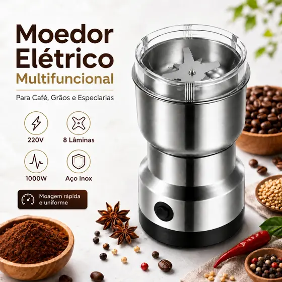 Moedor De Café Elétrico 220V 8 Lâminas Aço Inox Multifuncional para Grãos Temperos e Especiarias