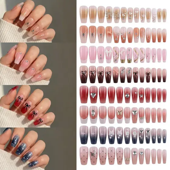 KIT 96 Pçs Unhas Postiças Degradê Naturais Longas Bailarina/Quadrada Efeito Gel Brilho Intenso Reutilizável