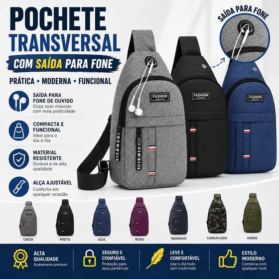 Bolsa Mochila De Peito Com Saída Para Fone UBS Tiracolo Pochete Bolsa Impermeável Transversal Masculina