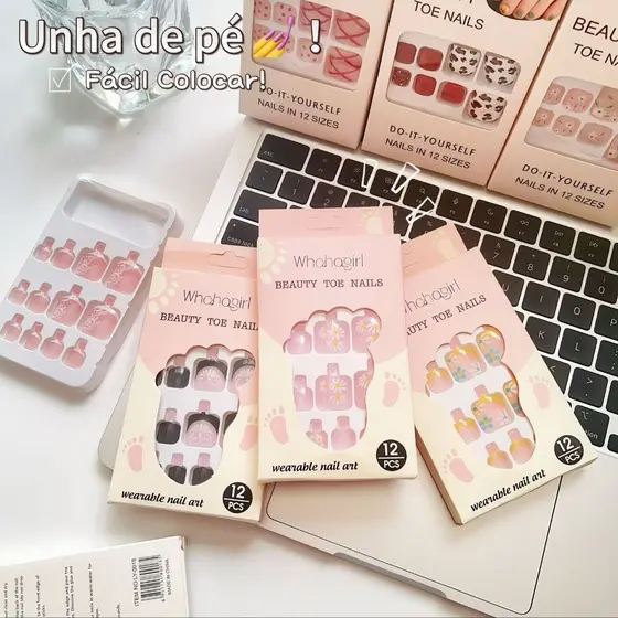 Kit 4 Caixinhas Unhas Postiças para Pés Decoradas Prontas para Uso Fácil Aplicação