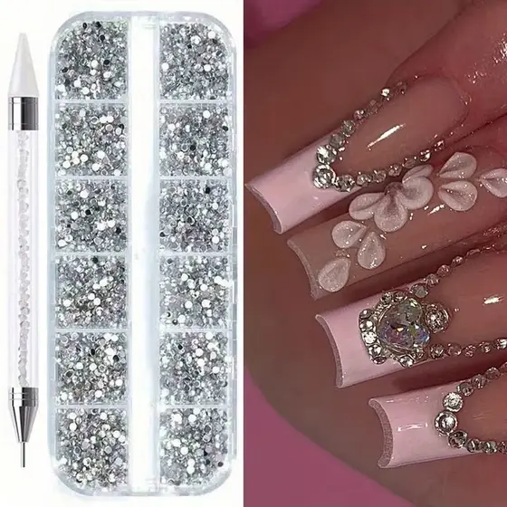 Caixa Strass Nail Art Pedras Colorida Prata + Caneta Strass