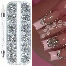 Caixa Strass Nail Art Pedras Colorida Prata + Caneta Strass