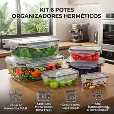 Kit 6 Potes de Plástico Hermético Retangular Transparente Premium Livre de BPA para Marmita e Organizador de Geladeira