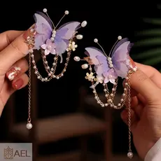 Grampos De Cabelo Com Borla De Borboleta Par Roxo Vintage Hanfu Acessórios Escultura Em Liga E Correntes Contas