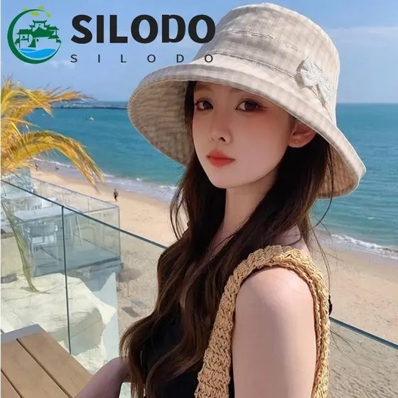 SILODO Chapéu Feminino De Pescador Com Laço , De Balde De Aba Larga Padrão Xadrez Proteção Solar Respirável À Prova De V