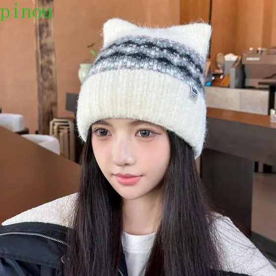 Chapéu De Malha Jacquard PINOU , Gorros Com Orelhas De Gato Forrados De Lã Estilo Isle Justo , Boné Estampado Quente