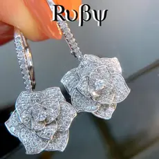 Brincos Ruby * Camélia Micro-incrustados Brincos de Flor de Zircão com Diamante Cheio