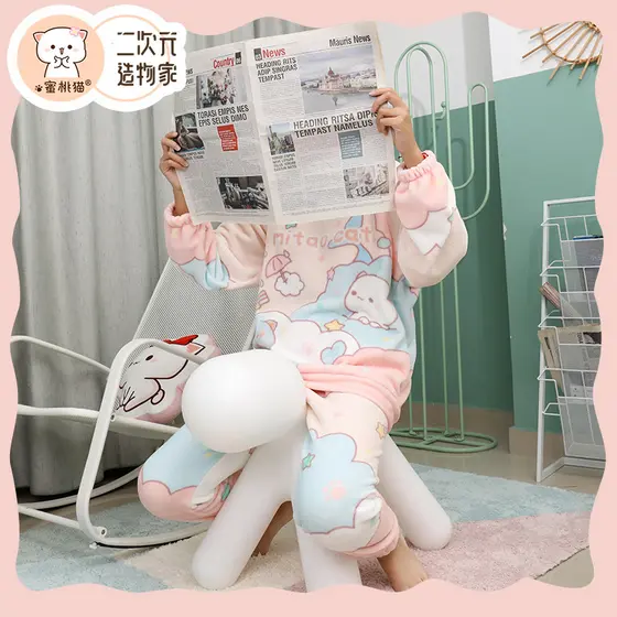 Pêssego gato gatinho pijamas feminino Coral velo mais velo engrossado doce bonito longo flanela pijamas feminino