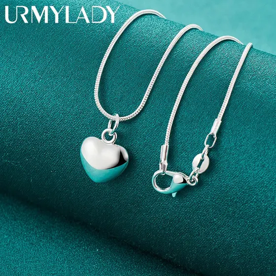 URMYLADY 925 Pingente De Corrente De Coração Sólido Prata Esterlina 16-30 Polegadas Colar Cobra Para Mulheres Festa De C