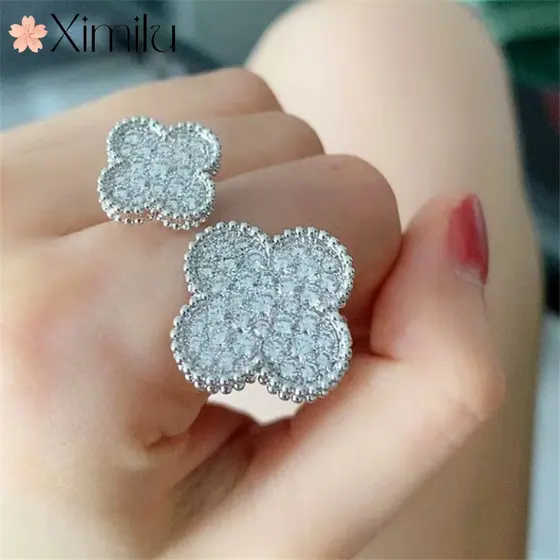⭐ Original requintado único trevo de quatro folhas anel de ouro branco feminino luz ajustável luxo nicho luxo moda jóias
