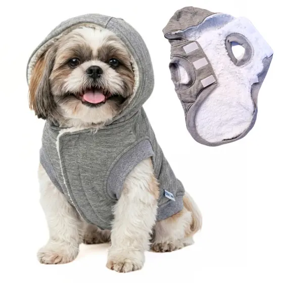 Roupa Pet Cachorro Casaco Blusa Inverno Moletom com Capuz, Forro Pelúcia, Fechamento Velcro, Cinza