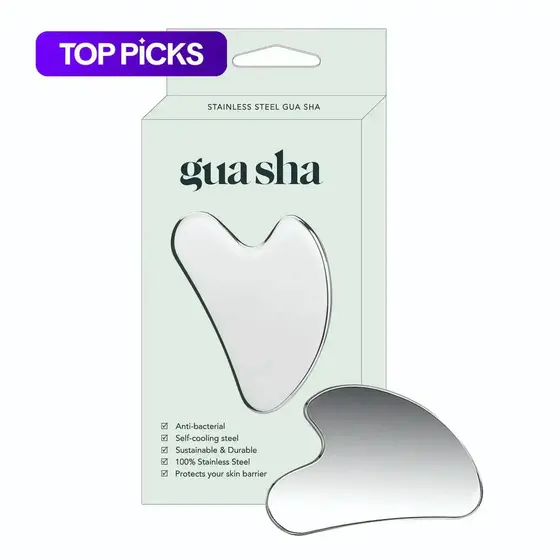 Ferramenta Facial GuaSha de Aço Inoxidável Premium - Placa de Massagem de Metal Durável para Rosto e Corpo, Inclui Caixa