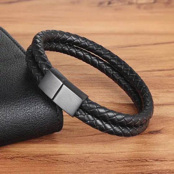 Pulseira De Couro Genuíno Personalizada , Preta Dupla , Acessórios Femininos , Joias , Presente De Aniversário