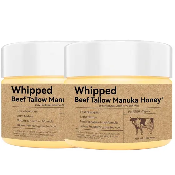 Bálsamo de Sebo de Carne Bovina Orgânico (4oz/2pacotes) - Batido com Mel de Manuka, Ultra-Hidratante para Rosto e Corpo,