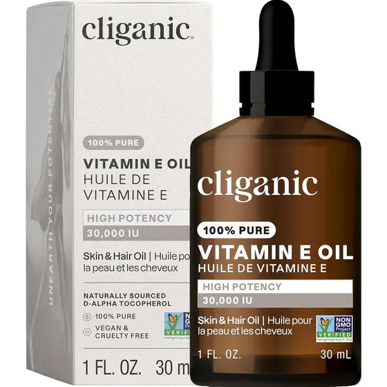 Óleo de Vitamina E Pura Cliganic para Pele, Cicatrizes, Cabelo e Rosto - 30.000 IU, Verificado como Não-OGM |   D-Alfa T