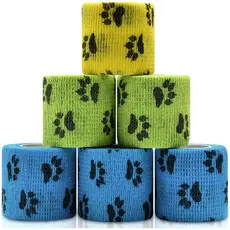 6 Rolos de Bandagem Veterinária para Animais de Estimação com Estampa de Patas, 2 Polegadas x 5 Jardas, Bandagens Coesiv