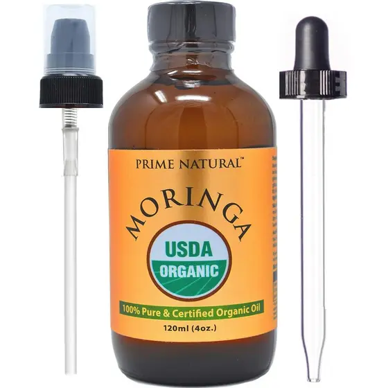 Óleo de Moringa Orgânico PRIME NATURAL, Certificado pelo USDA, 100% Puro, Prensado a Frio, Virgem, Não Refinado (4oz /12